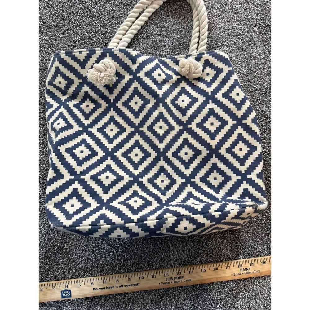 Summer & Rose Canvas Tote Bag Navy Blue White Geometric Diamond Rope Handle